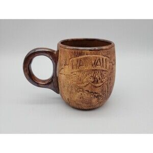 Vintage Brown Glaze Pottery Hawaii Coffee Mug Engraved HAWAIIAN Islands